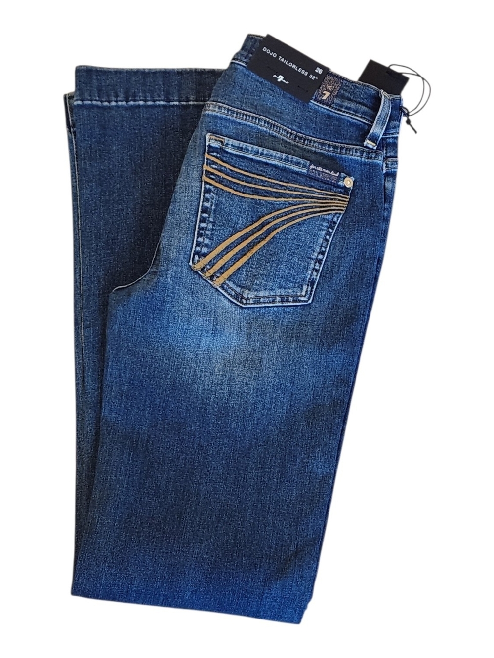 NWT 7FAM Dojo Tailorless Cambridge Gold Stitch Western Flare Trouser Jeans 26